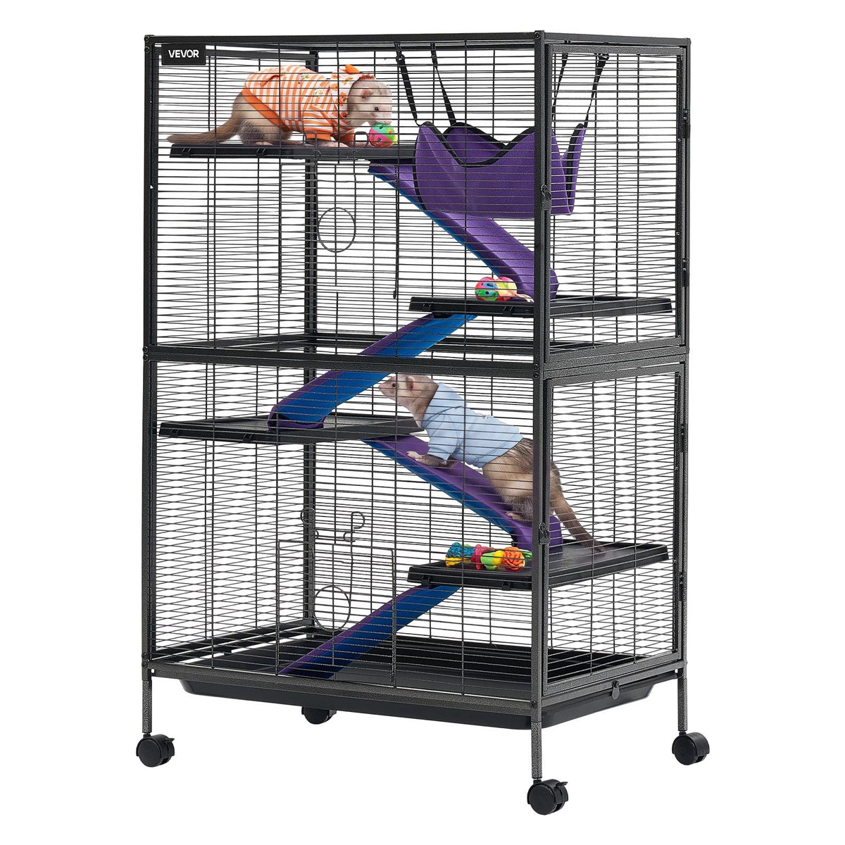 Metal Small Animal Cage 127 cm 5-Tier Rolling Ferret Cage On Wheels, 13.97 mm Wire Spacing Large Cages with Hammock, Ramps, Tray & Doors for Ferret, Chinchilla, Sugar Glider, Guinea Pig, Rabbit
