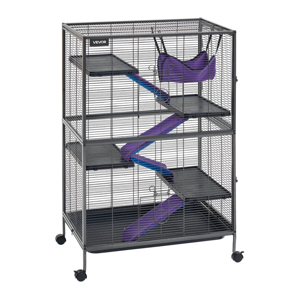 Metal Small Animal Cage 127 cm 5-Tier Rolling Ferret Cage On Wheels, 13.97 mm Wire Spacing Large Cages with Hammock, Ramps, Tray & Doors for Ferret, Chinchilla, Sugar Glider, Guinea Pig, Rabbit