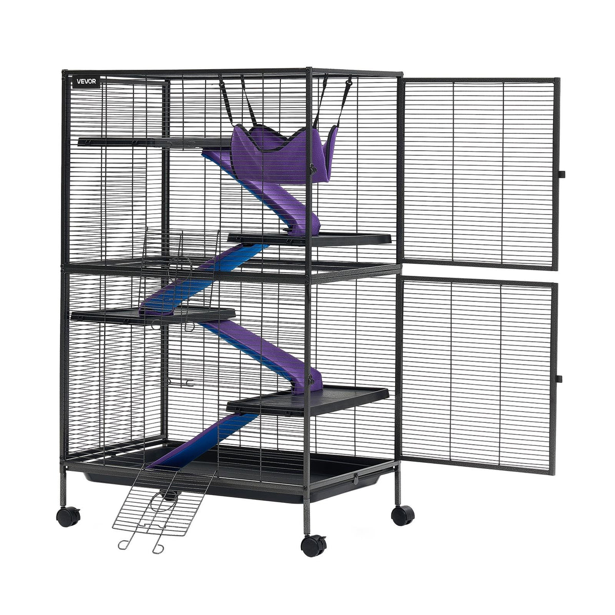 Metal Small Animal Cage 127 cm 5-Tier Rolling Ferret Cage On Wheels, 13.97 mm Wire Spacing Large Cages with Hammock, Ramps, Tray & Doors for Ferret, Chinchilla, Sugar Glider, Guinea Pig, Rabbit