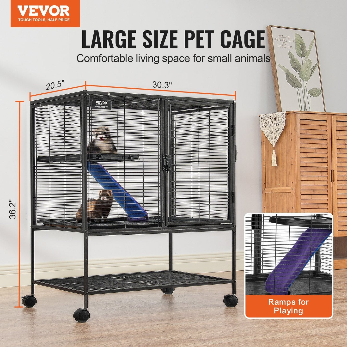2-Tier Rolling Metal Cage for Small Animals with Tray and Ramp, 0.92 m Tall