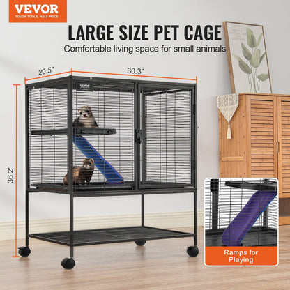 2-Tier Rolling Metal Cage for Small Animals with Tray and Ramp, 0.92 m Tall