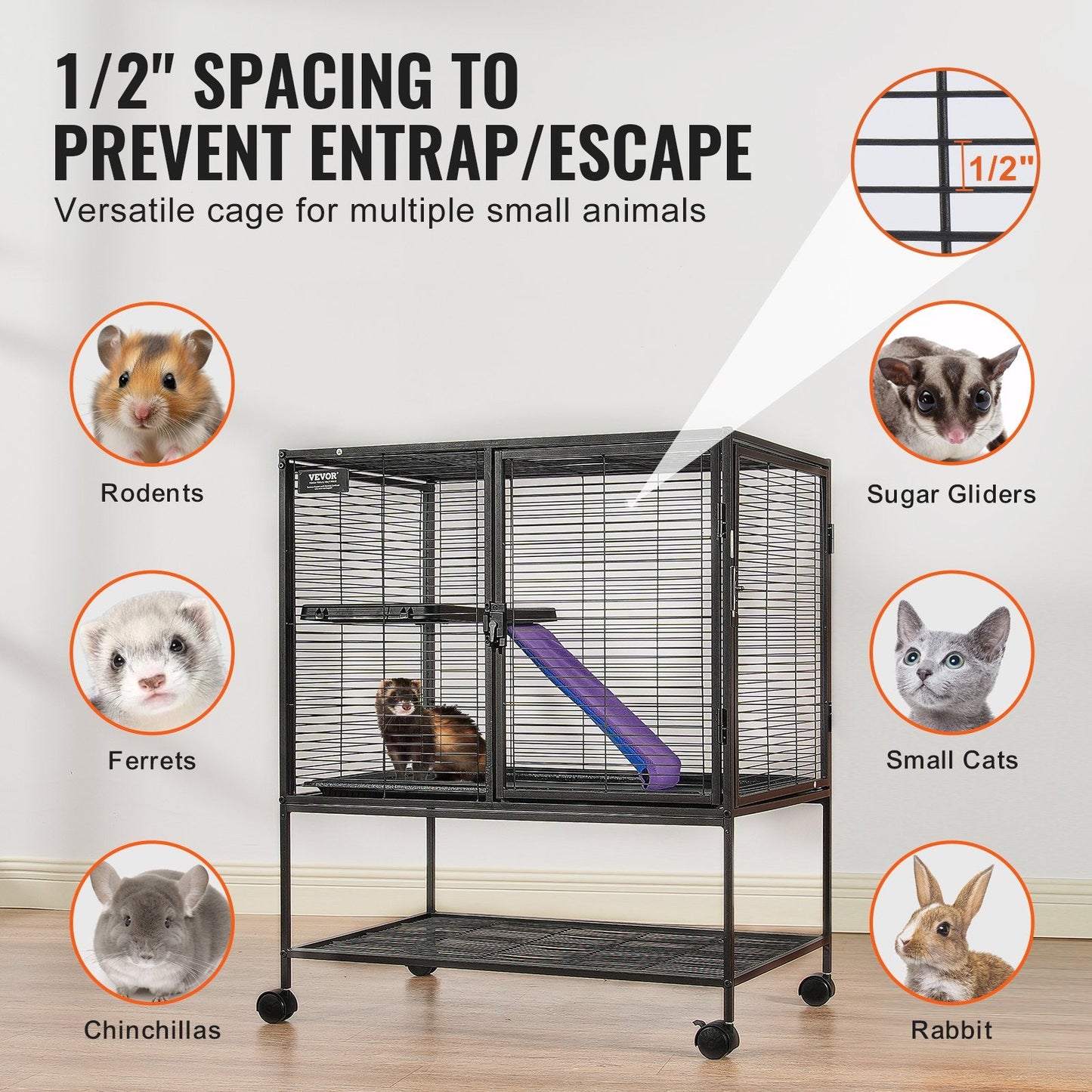 2-Tier Rolling Metal Cage for Small Animals with Tray and Ramp, 0.92 m Tall
