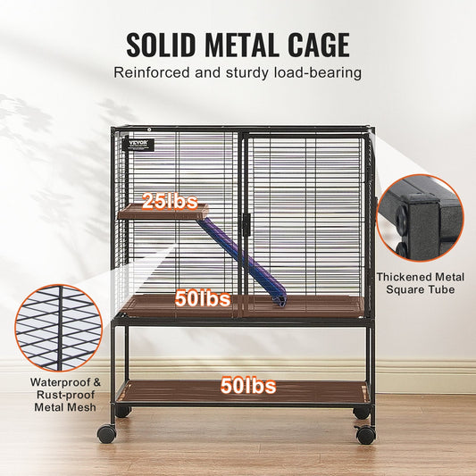 2-Tier Rolling Metal Cage for Small Animals with Tray and Ramp, 0.92 m Tall