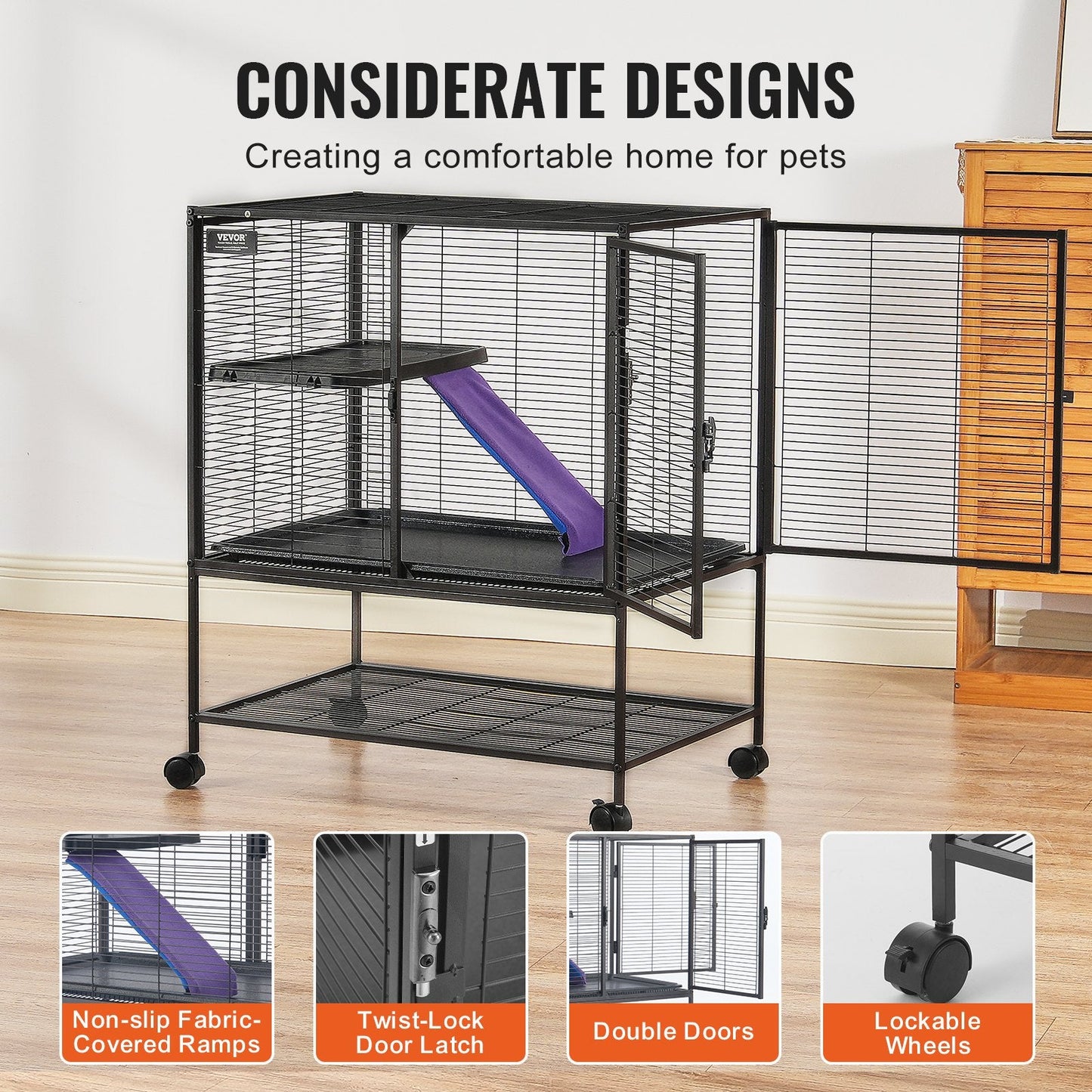 2-Tier Rolling Metal Cage for Small Animals with Tray and Ramp, 0.92 m Tall