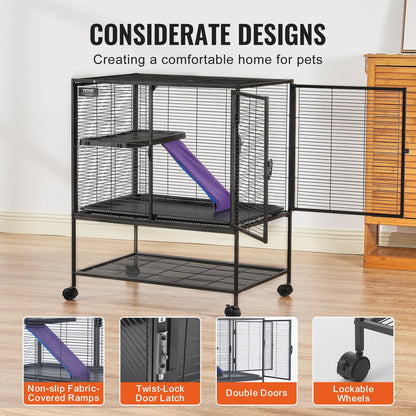 2-Tier Rolling Metal Cage for Small Animals with Tray and Ramp, 0.92 m Tall