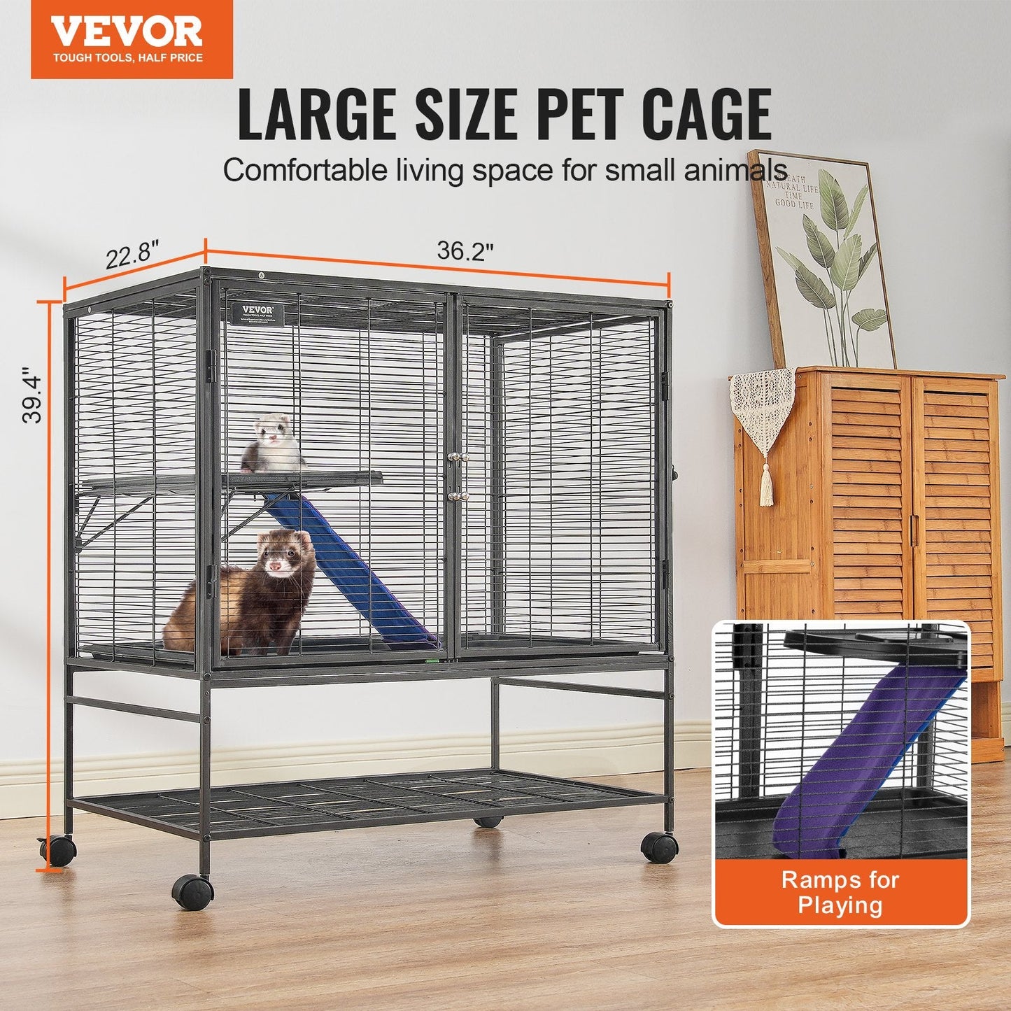 2-Tier Rolling Metal Cage for Small Animals with Tray and Ramp, 1 Meter Tall