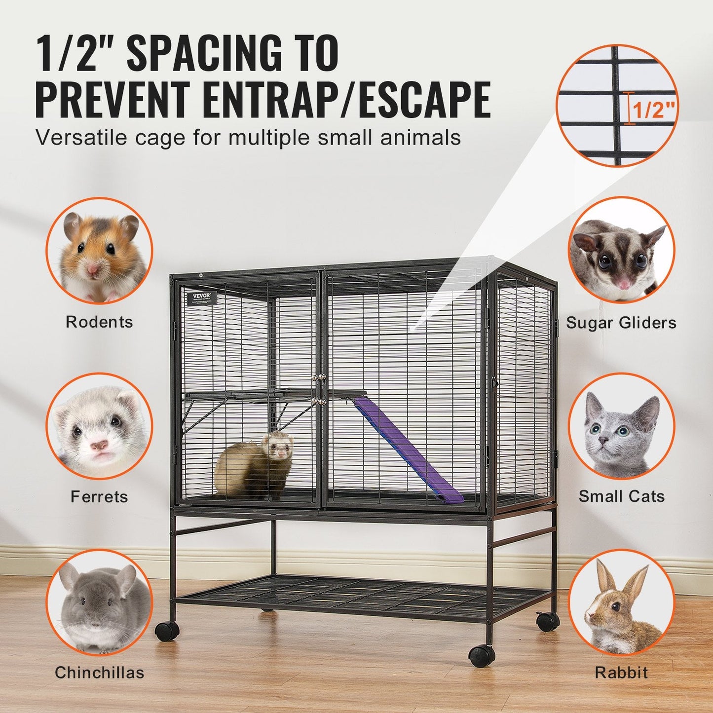 2-Tier Rolling Metal Cage for Small Animals with Tray and Ramp, 1 Meter Tall