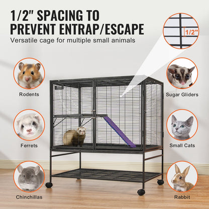 2-Tier Rolling Metal Cage for Small Animals with Tray and Ramp, 1 Meter Tall
