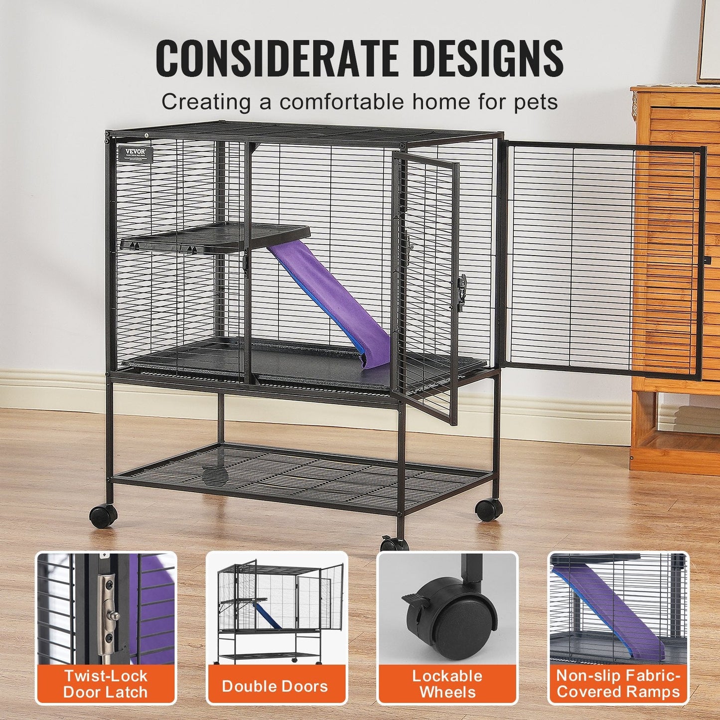 2-Tier Rolling Metal Cage for Small Animals with Tray and Ramp, 1 Meter Tall