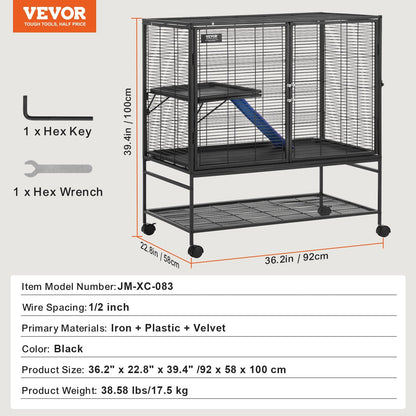 2-Tier Rolling Metal Cage for Small Animals with Tray and Ramp, 1 Meter Tall