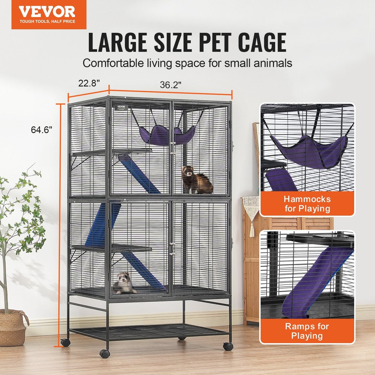 4-Tier Rolling Metal Cage for Small Animals with Tray and Ramps, 1.64m Tall
