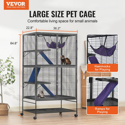4-Tier Rolling Metal Cage for Small Animals with Tray and Ramps, 1.64m Tall