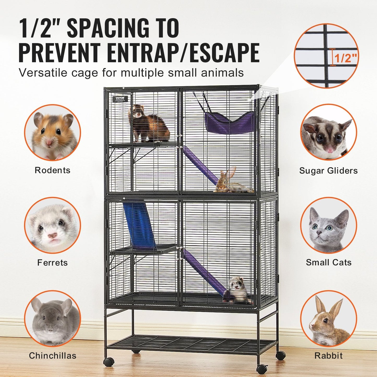 4-Tier Rolling Metal Cage for Small Animals with Tray and Ramps, 1.64m Tall