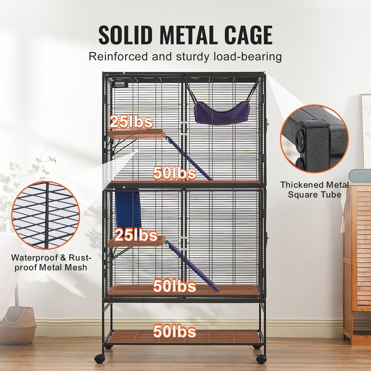 4-Tier Rolling Metal Cage for Small Animals with Tray and Ramps, 1.64m Tall