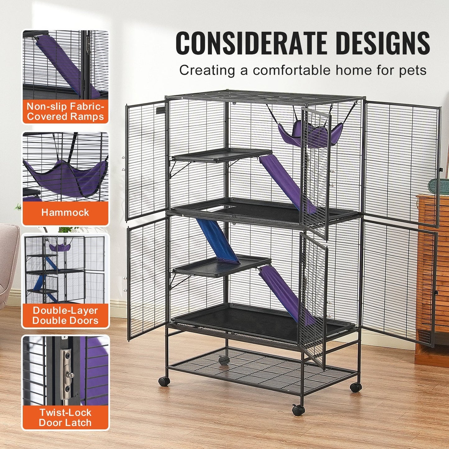 4-Tier Rolling Metal Cage for Small Animals with Tray and Ramps, 1.64m Tall