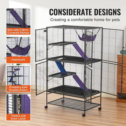 4-Tier Rolling Metal Cage for Small Animals with Tray and Ramps, 1.64m Tall