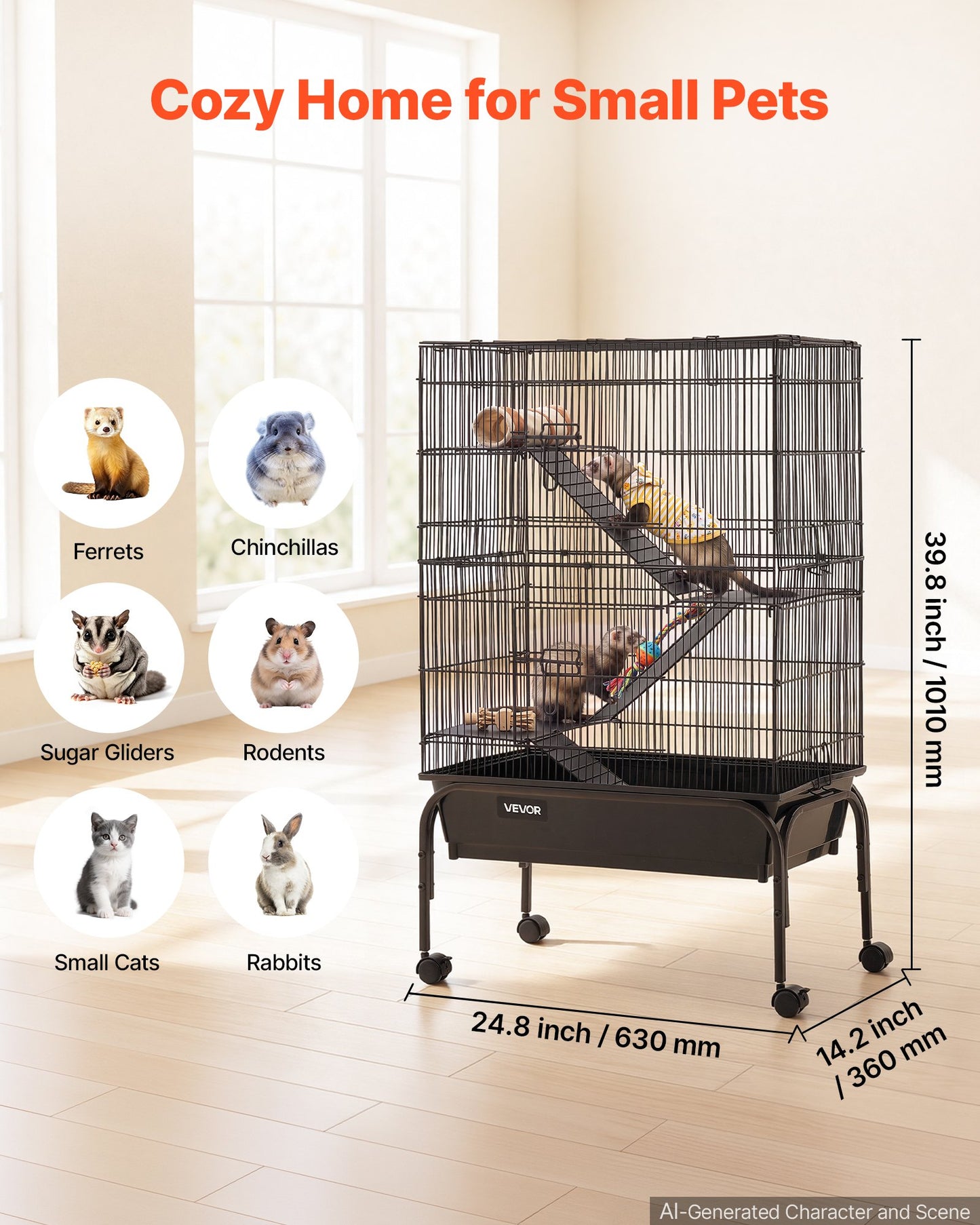 Metal Small Animal Cage 101 cm 3-Tier Rolling Ferret Cage On Wheels, 13.97 mm Wire Spacing Large Cages with Hammock, Ramps, Tray & Doors for Ferret, Chinchilla, Sugar Glider, Guinea Pig, Rabbit