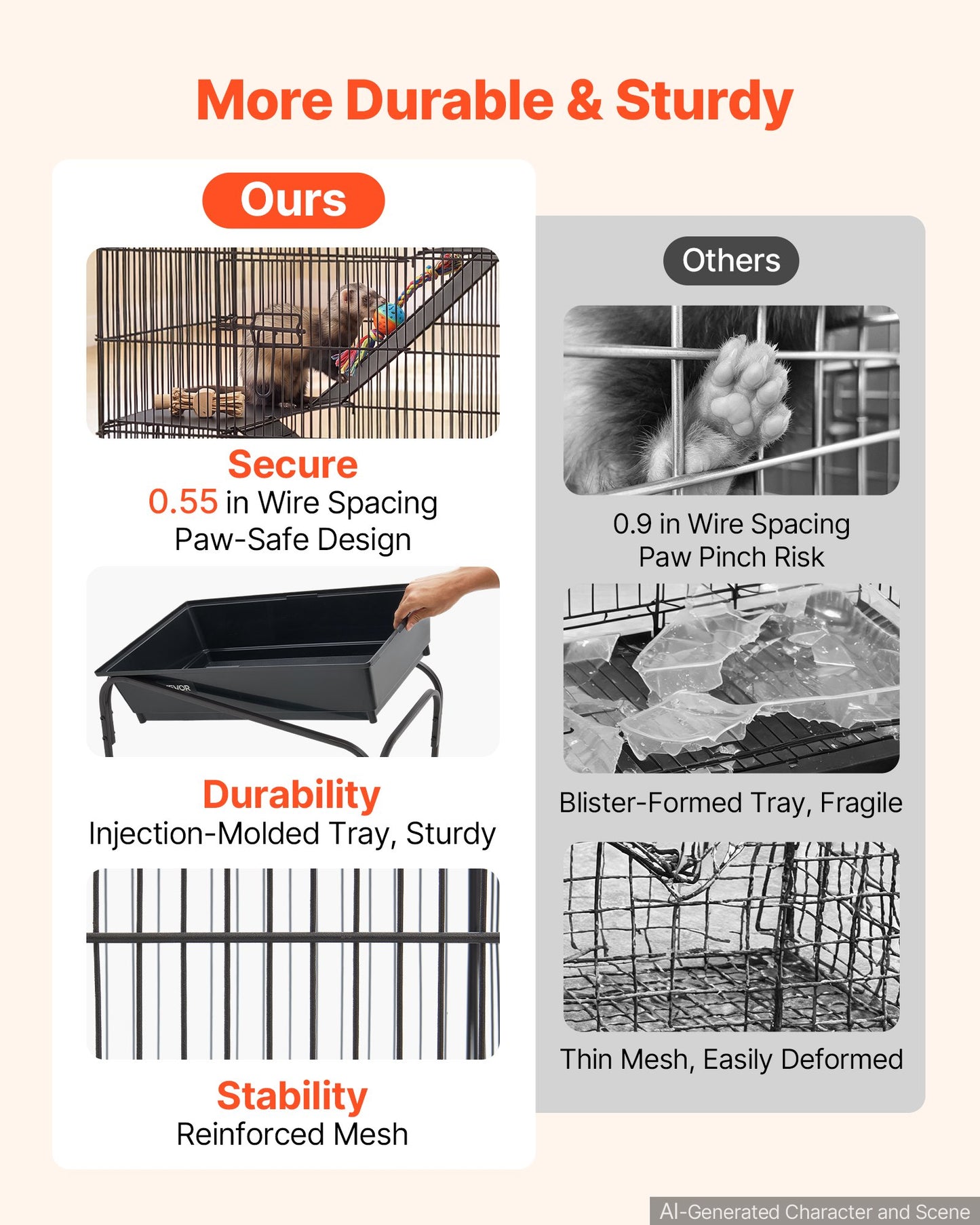 Metal Small Animal Cage 101 cm 3-Tier Rolling Ferret Cage On Wheels, 13.97 mm Wire Spacing Large Cages with Hammock, Ramps, Tray & Doors for Ferret, Chinchilla, Sugar Glider, Guinea Pig, Rabbit