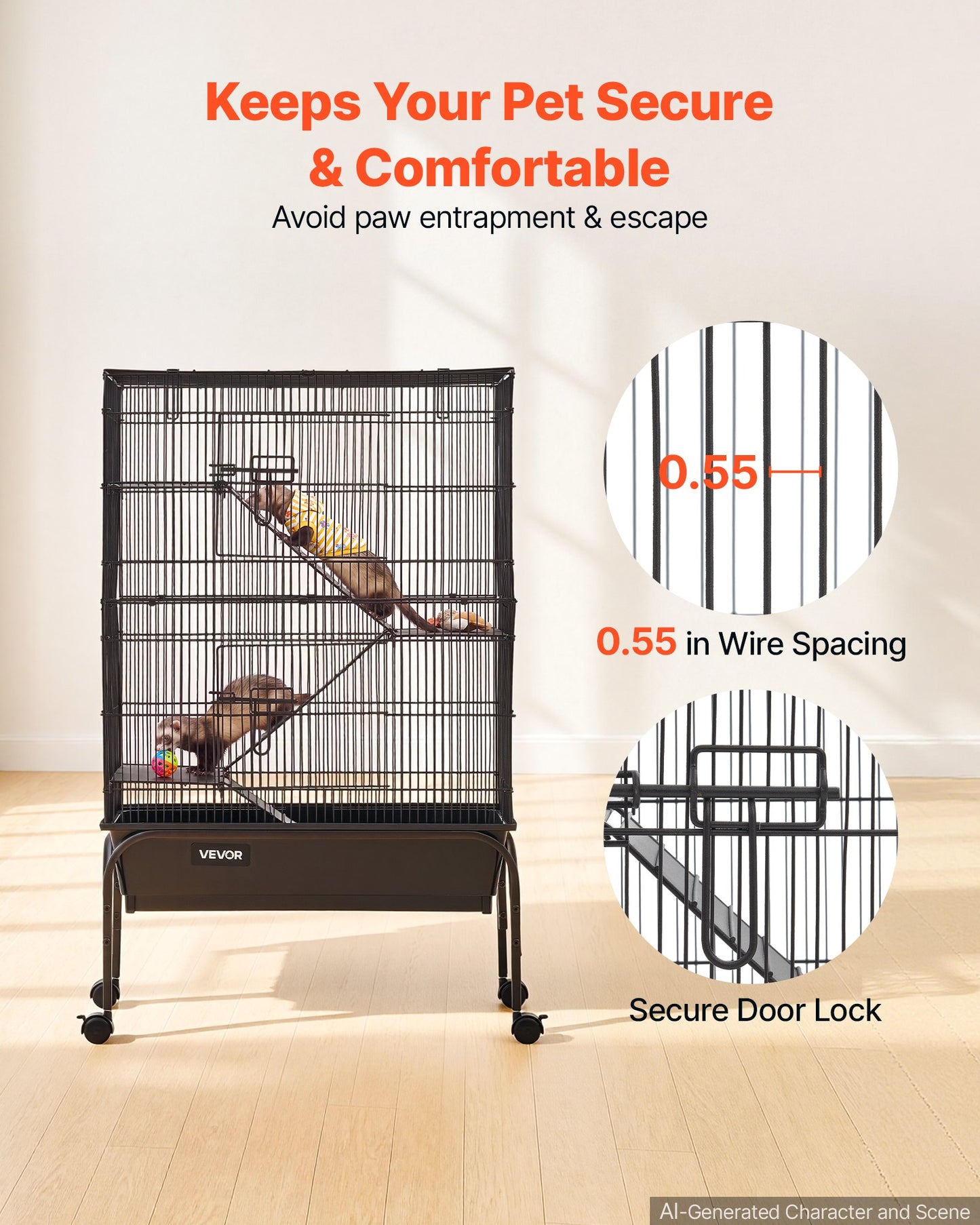 Metal Small Animal Cage 101 cm 3-Tier Rolling Ferret Cage On Wheels, 13.97 mm Wire Spacing Large Cages with Hammock, Ramps, Tray & Doors for Ferret, Chinchilla, Sugar Glider, Guinea Pig, Rabbit