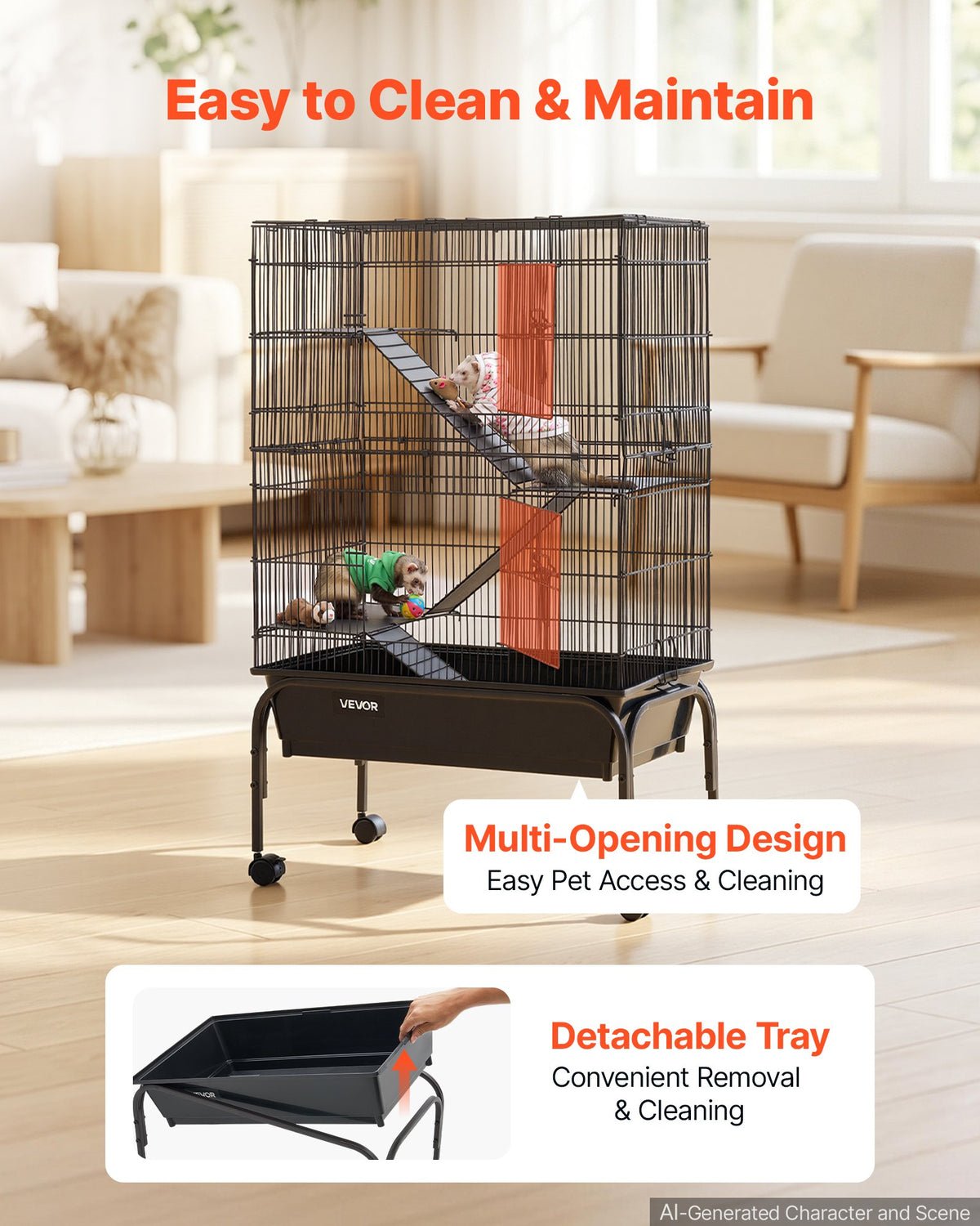 Metal Small Animal Cage 101 cm 3-Tier Rolling Ferret Cage On Wheels, 13.97 mm Wire Spacing Large Cages with Hammock, Ramps, Tray & Doors for Ferret, Chinchilla, Sugar Glider, Guinea Pig, Rabbit