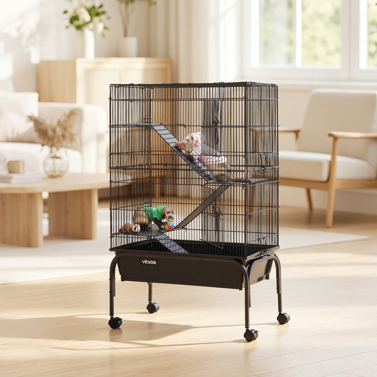 Metal Small Animal Cage 101 cm 3-Tier Rolling Ferret Cage On Wheels, 13.97 mm Wire Spacing Large Cages with Hammock, Ramps, Tray & Doors for Ferret, Chinchilla, Sugar Glider, Guinea Pig, Rabbit