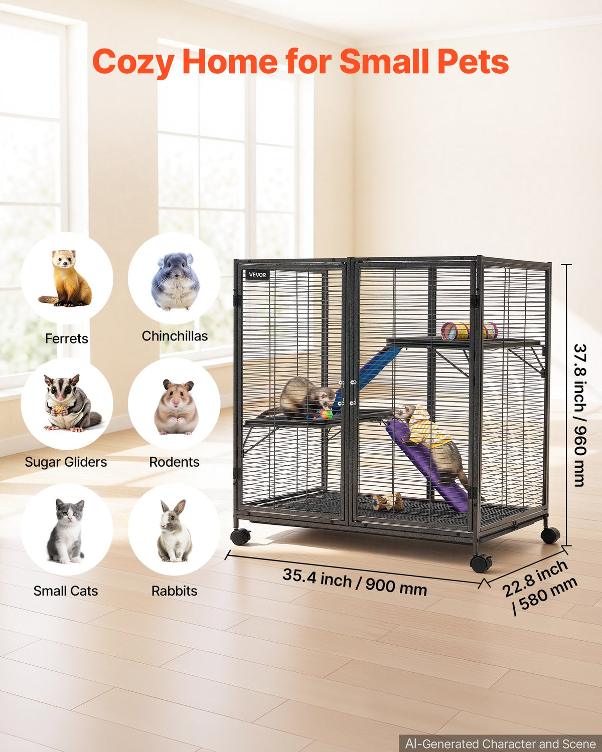 Metal Small Animal Cage 96 cm 3-Tier Rolling Ferret Cage On Wheels, 13.97 mm Wire Spacing Large Cages with Ramps, Platform, Tray & Doors for Ferret, Chinchilla, Sugar Glider, Guinea Pig, Rabbit