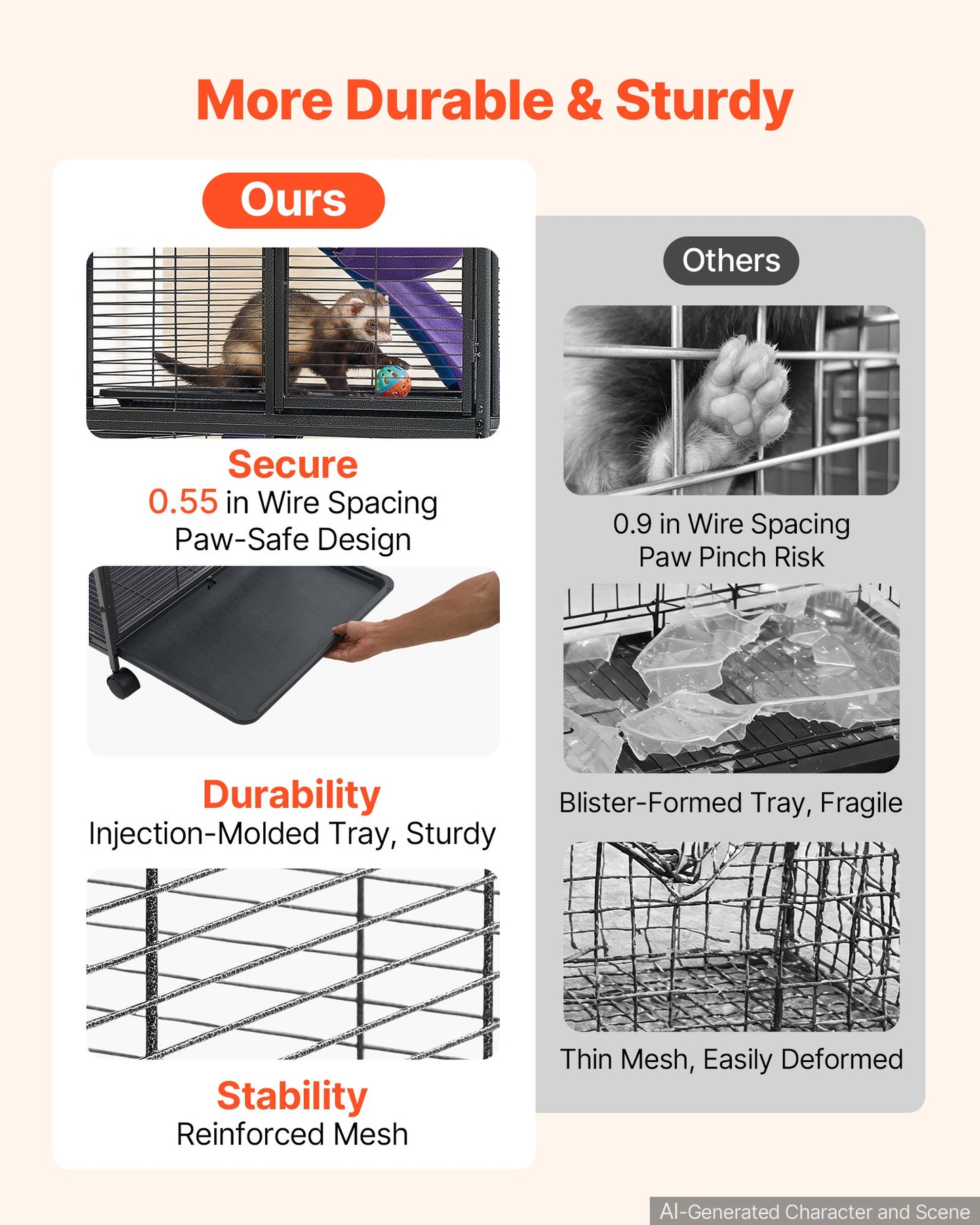 Metal Small Animal Cage 96 cm 3-Tier Rolling Ferret Cage On Wheels, 13.97 mm Wire Spacing Large Cages with Ramps, Platform, Tray & Doors for Ferret, Chinchilla, Sugar Glider, Guinea Pig, Rabbit