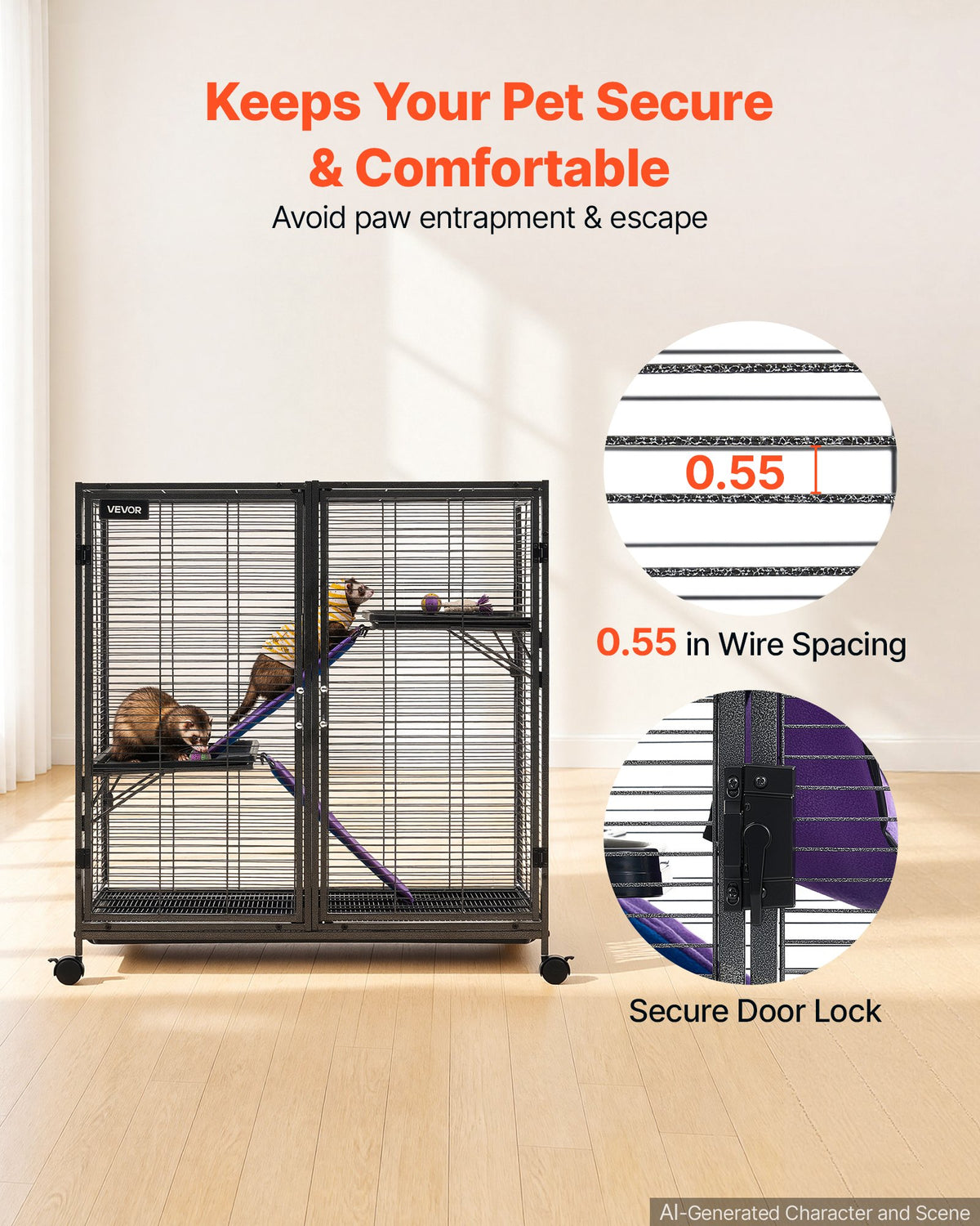 Metal Small Animal Cage 96 cm 3-Tier Rolling Ferret Cage On Wheels, 13.97 mm Wire Spacing Large Cages with Ramps, Platform, Tray & Doors for Ferret, Chinchilla, Sugar Glider, Guinea Pig, Rabbit