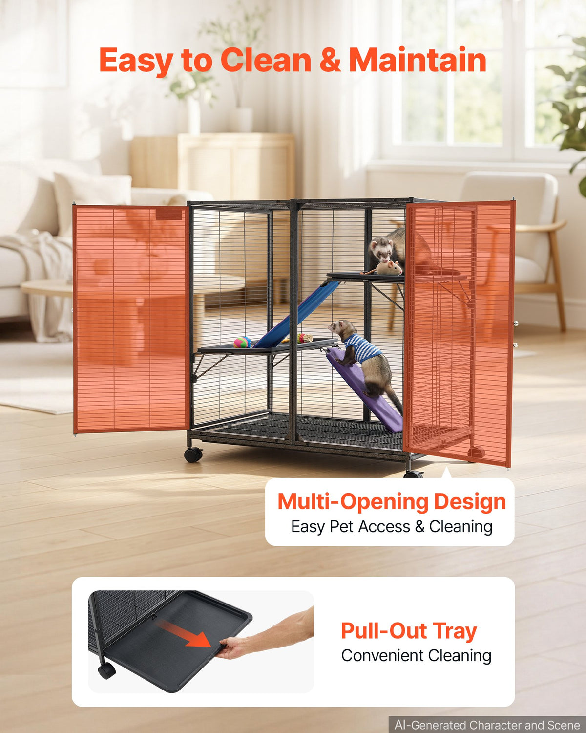 Metal Small Animal Cage 96 cm 3-Tier Rolling Ferret Cage On Wheels, 13.97 mm Wire Spacing Large Cages with Ramps, Platform, Tray & Doors for Ferret, Chinchilla, Sugar Glider, Guinea Pig, Rabbit