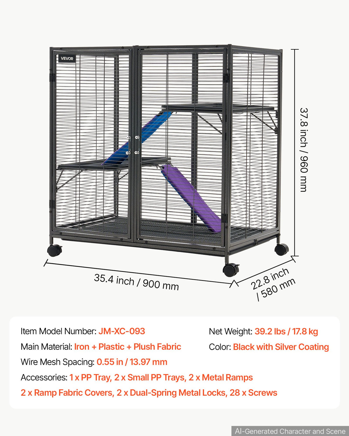 Metal Small Animal Cage 96 cm 3-Tier Rolling Ferret Cage On Wheels, 13.97 mm Wire Spacing Large Cages with Ramps, Platform, Tray & Doors for Ferret, Chinchilla, Sugar Glider, Guinea Pig, Rabbit