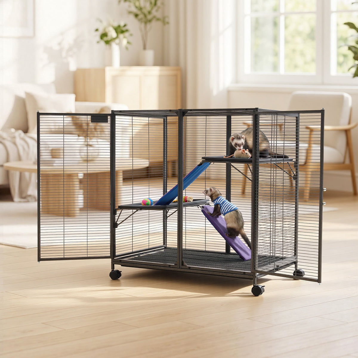 Metal Small Animal Cage 96 cm 3-Tier Rolling Ferret Cage On Wheels, 13.97 mm Wire Spacing Large Cages with Ramps, Platform, Tray & Doors for Ferret, Chinchilla, Sugar Glider, Guinea Pig, Rabbit