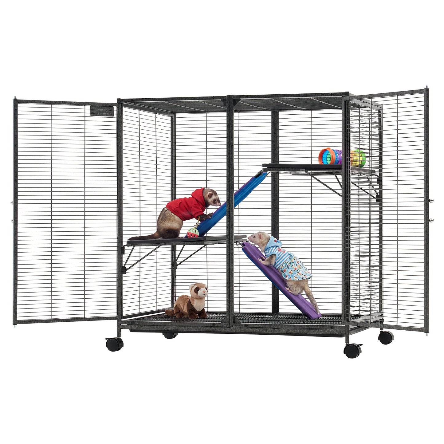 Metal Small Animal Cage 96 cm 3-Tier Rolling Ferret Cage On Wheels, 13.97 mm Wire Spacing Large Cages with Ramps, Platform, Tray & Doors for Ferret, Chinchilla, Sugar Glider, Guinea Pig, Rabbit