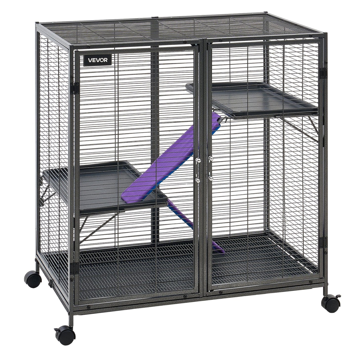 Metal Small Animal Cage 96 cm 3-Tier Rolling Ferret Cage On Wheels, 13.97 mm Wire Spacing Large Cages with Ramps, Platform, Tray & Doors for Ferret, Chinchilla, Sugar Glider, Guinea Pig, Rabbit