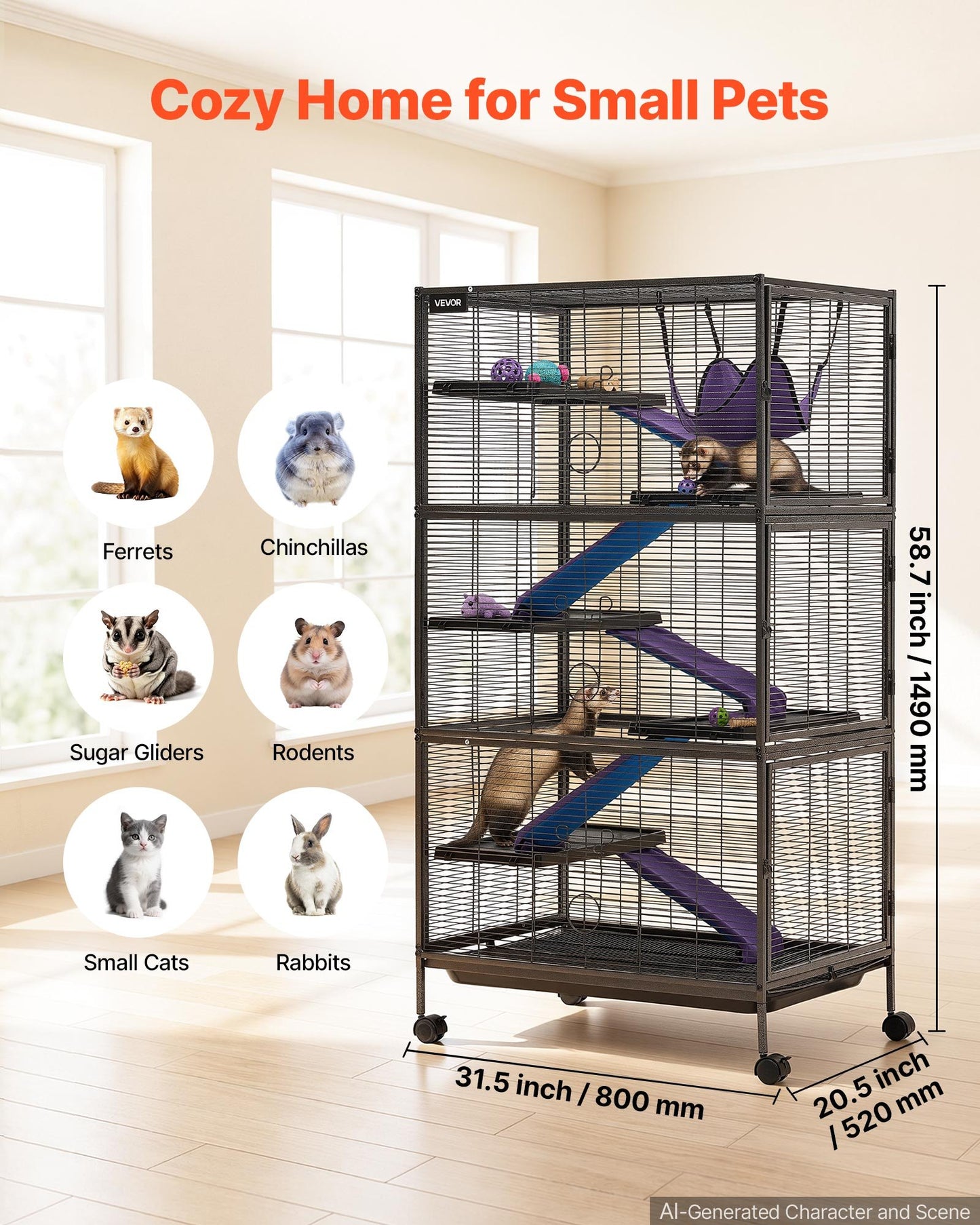 Metal Small Animal Cage 149 cm 6-Tier Rolling Ferret Cage On Wheels, 13.97 mm Wire Spacing Large Cages with Hammock, Ramps, Tray & Doors for Ferret, Chinchilla, Sugar Glider, Guinea Pig, Rabbit