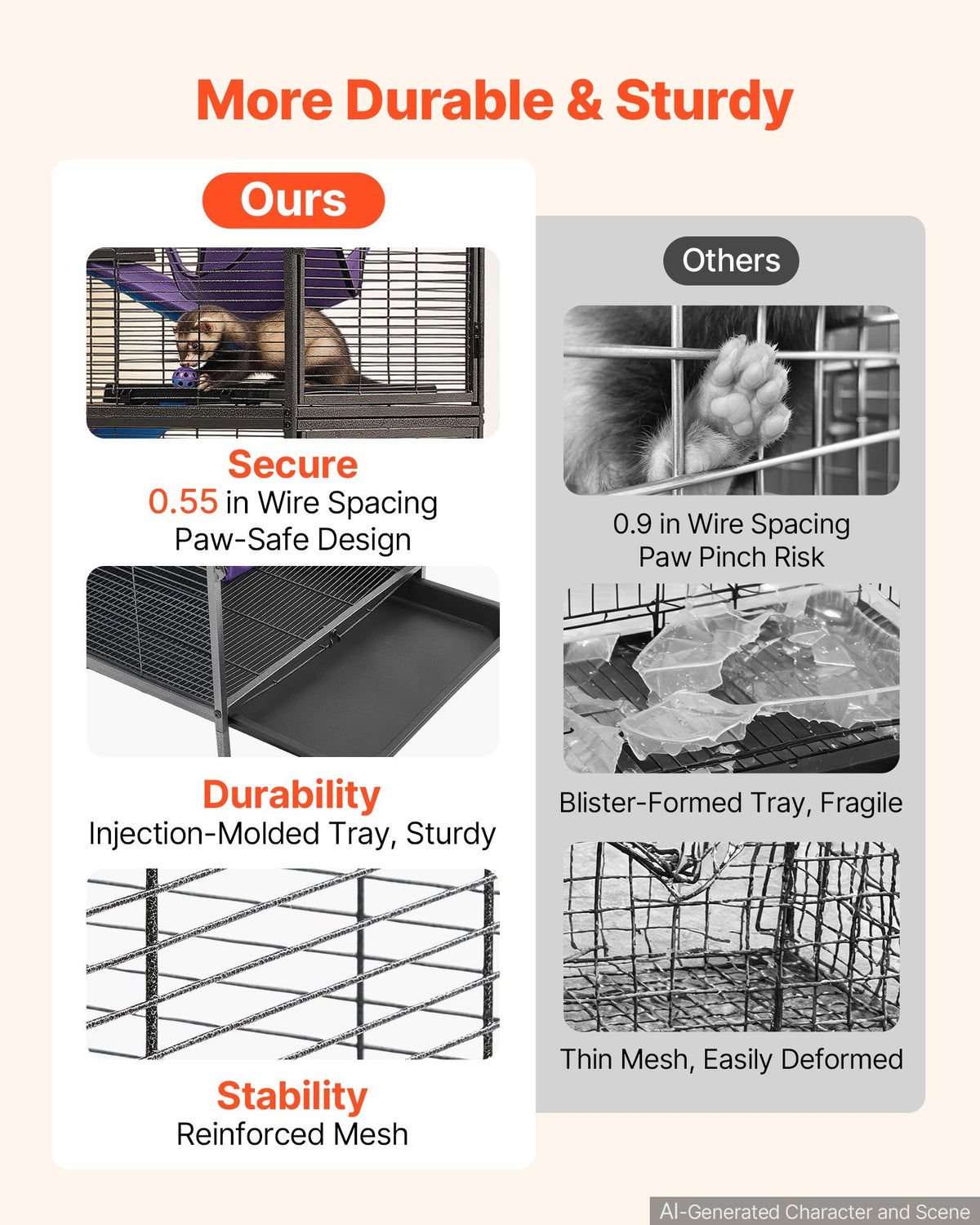Metal Small Animal Cage 149 cm 6-Tier Rolling Ferret Cage On Wheels, 13.97 mm Wire Spacing Large Cages with Hammock, Ramps, Tray & Doors for Ferret, Chinchilla, Sugar Glider, Guinea Pig, Rabbit