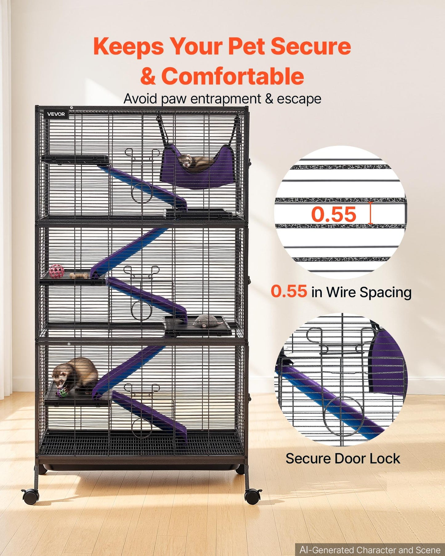 Metal Small Animal Cage 149 cm 6-Tier Rolling Ferret Cage On Wheels, 13.97 mm Wire Spacing Large Cages with Hammock, Ramps, Tray & Doors for Ferret, Chinchilla, Sugar Glider, Guinea Pig, Rabbit