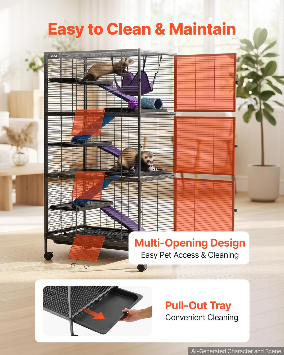 Metal Small Animal Cage 149 cm 6-Tier Rolling Ferret Cage On Wheels, 13.97 mm Wire Spacing Large Cages with Hammock, Ramps, Tray & Doors for Ferret, Chinchilla, Sugar Glider, Guinea Pig, Rabbit