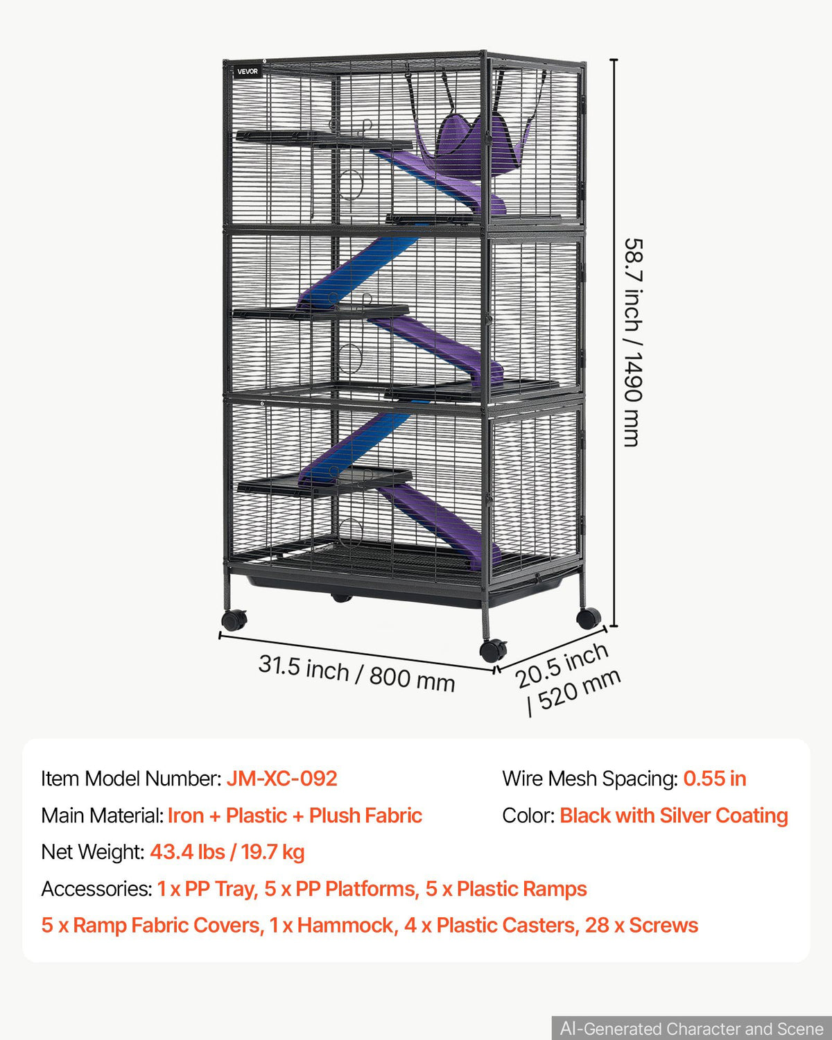 Metal Small Animal Cage 149 cm 6-Tier Rolling Ferret Cage On Wheels, 13.97 mm Wire Spacing Large Cages with Hammock, Ramps, Tray & Doors for Ferret, Chinchilla, Sugar Glider, Guinea Pig, Rabbit