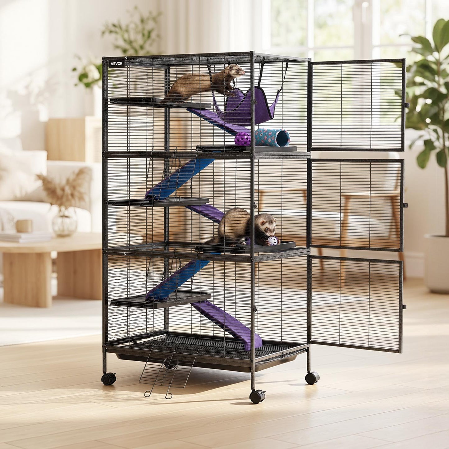 Metal Small Animal Cage 149 cm 6-Tier Rolling Ferret Cage On Wheels, 13.97 mm Wire Spacing Large Cages with Hammock, Ramps, Tray & Doors for Ferret, Chinchilla, Sugar Glider, Guinea Pig, Rabbit