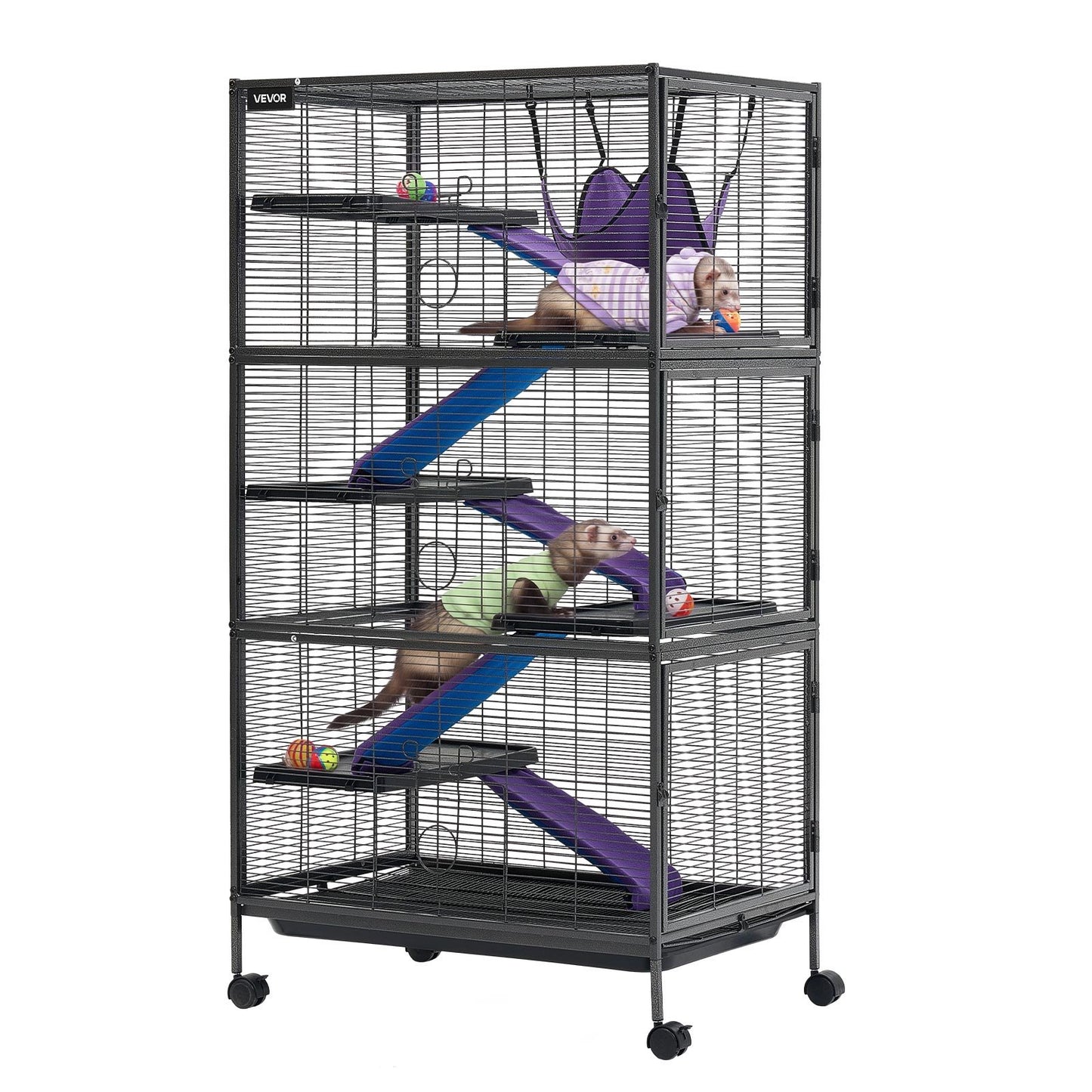 Metal Small Animal Cage 149 cm 6-Tier Rolling Ferret Cage On Wheels, 13.97 mm Wire Spacing Large Cages with Hammock, Ramps, Tray & Doors for Ferret, Chinchilla, Sugar Glider, Guinea Pig, Rabbit