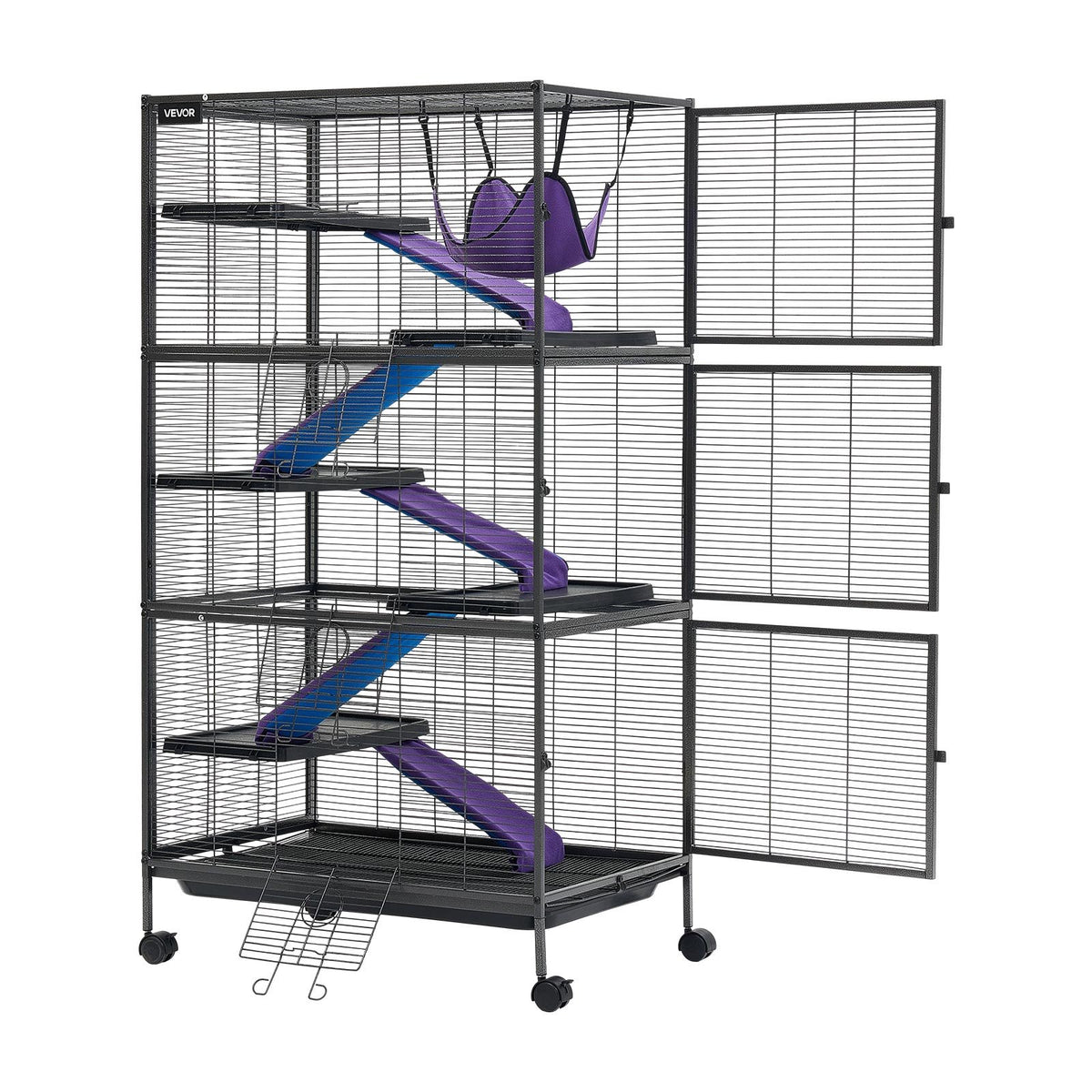 Metal Small Animal Cage 149 cm 6-Tier Rolling Ferret Cage On Wheels, 13.97 mm Wire Spacing Large Cages with Hammock, Ramps, Tray & Doors for Ferret, Chinchilla, Sugar Glider, Guinea Pig, Rabbit