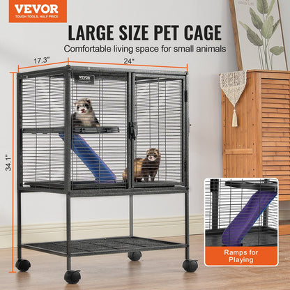 2-Tier Rolling Metal Small Animal Cage with Tray and Ramp, 0.86m Tall, Black