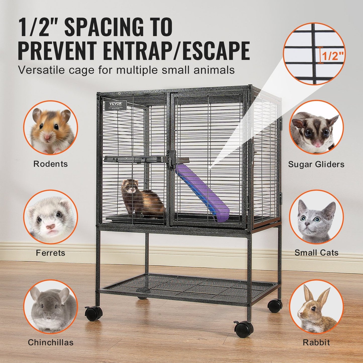 2-Tier Rolling Metal Small Animal Cage with Tray and Ramp, 0.86m Tall, Black