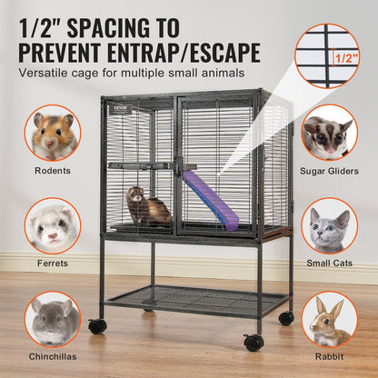 2-Tier Rolling Metal Small Animal Cage with Tray and Ramp, 0.86m Tall, Black