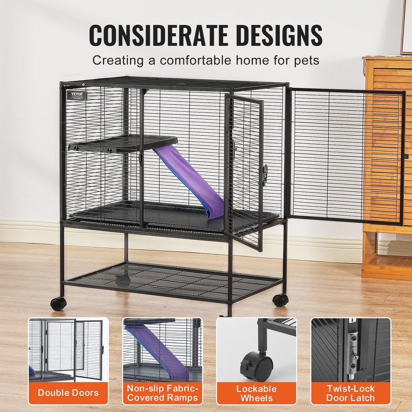 2-Tier Rolling Metal Small Animal Cage with Tray and Ramp, 0.86m Tall, Black