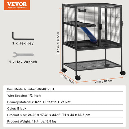 2-Tier Rolling Metal Small Animal Cage with Tray and Ramp, 0.86m Tall, Black