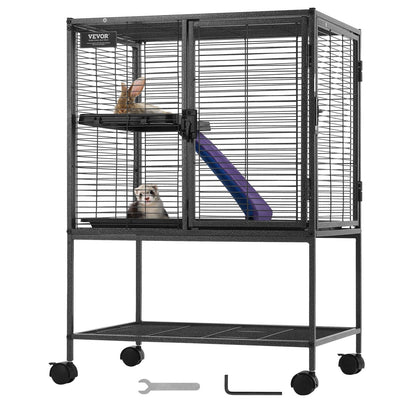 2-Tier Rolling Metal Small Animal Cage with Tray and Ramp, 0.86m Tall, Black