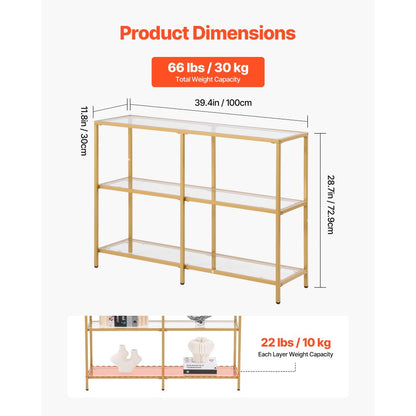 VEVOR 3-Tier Glass Console Table Rectangle Sofa Side Table with Anti-Tip Golden