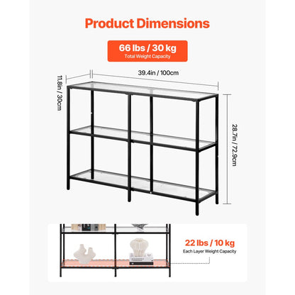 VEVOR 3-Tier Glass Console Table Rectangle Sofa Side Table with Anti-Tip Black