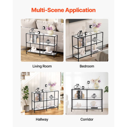 VEVOR 3-Tier Glass Console Table Rectangle Sofa Side Table with Anti-Tip Black